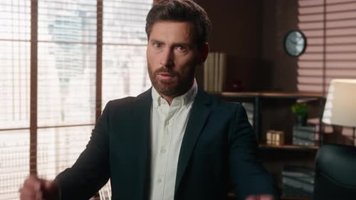 Caucasian Middleaged Stressed Business Man Looking at Camera Showing Mind Brain Explosion in Office