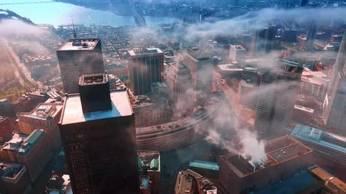 Panorama of a modern city being covered with smoke on the towers of Boston, Massachusetts, USA.