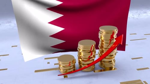 Bahrain Flag With Gold Coins Tower And Up Arrow