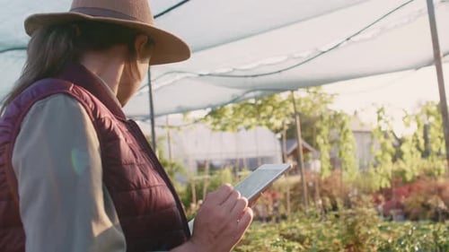Caucasian female botanist standing and using digital tablet. Shot with RED helium camera in 8K.
