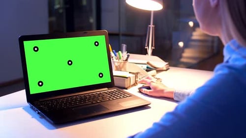Business, Deadline And Technology Concept - Businesswoman With Chroma Key Green Screen On Laptop ...