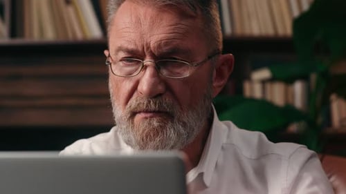 Old Successful Caucasian Man Texting Typing Laptop Computer Online Cyberspace Businessman Mature