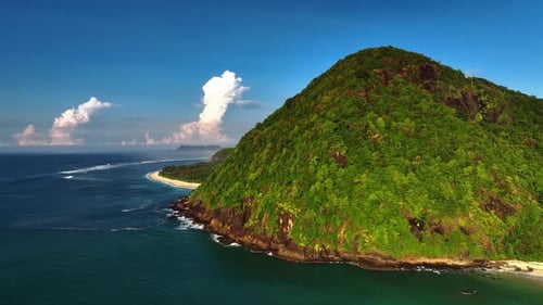 Aerial view of lush tropical beach with mountain backdrop, Indonesia.
