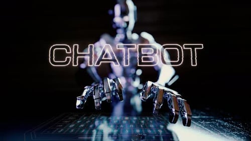 Futuristic Cyborg Typing on Digital Keyboard Revealing Chatbot Text
