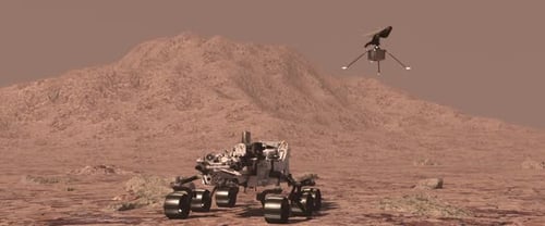 Mars Rover and Drone Explore Red Planet Landscape