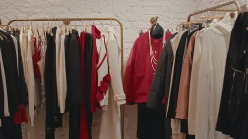 Elegant Garments on Hangers in Designer Clothes Store