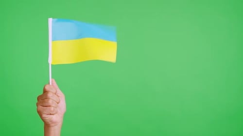 Hand Waving Blue and Yellow Flag on Green Screen