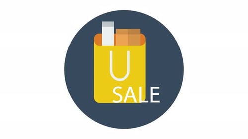 Animated Flat Design Shopping Bag Icon with Sale Text Reveal