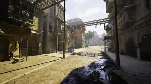 Urban Scene Featuring Overhead Bridge with Patterned Shadow Play