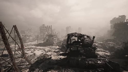 Desolate Post-Apocalyptic Ruined City Landscape Cinematic 3D Animation