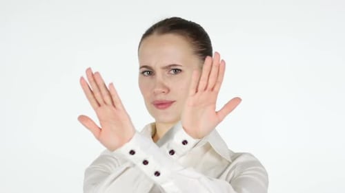 Young Woman Gesture Rejection on White Background