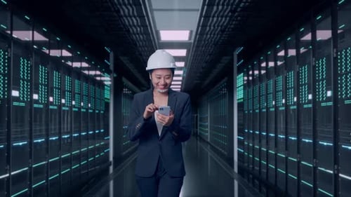 Asian Businesswoman Use Smartphone While Walking in Data Center
