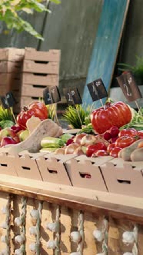 Vertical Video Local Fresh Produce at Farmers Market Display Stand