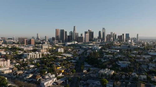 Aerial Cinematic View of Metropolis Skyline with Modern Downtown Skyscrapers Los Angeles California