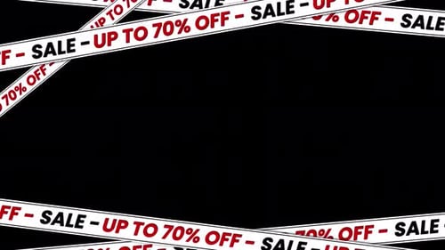 Animated Sale up to 70% off banner with moving red ribbon – seamless loop on transparent background.