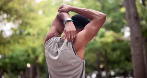 Back view, nature or runner stretching arms for fitness training, wellness