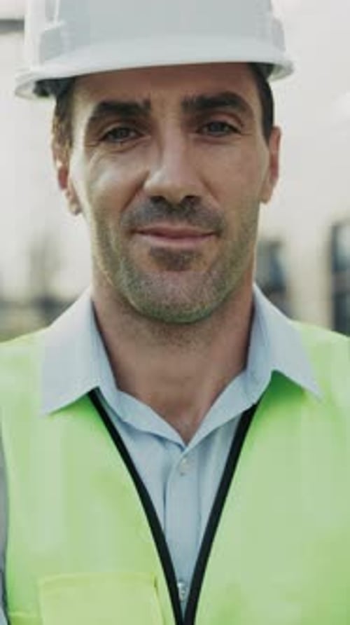Porträt eines Mannes, der lächelt, während er in die Kamera schaut, der senkrecht auf der Baustelle steht