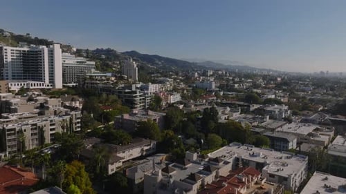 Aerial Footage of Luxury Hotels in West Hollywood Urban Borough Hills and Clear Blue Sky Los Angeles