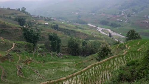Landscape view of a hillside farming village in Sapa, Vietnam, with terraced rice fields stretching