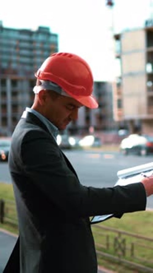 Vertical of Construction Worker Architect Look at Paper Plan of Building