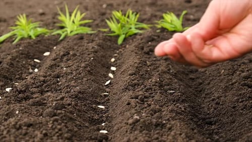 A Woman Sows Seeds in the Garden