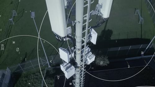 An Aerial Perspective Showing a Cellular Communication Tower Equipped with Various Tools and Devices