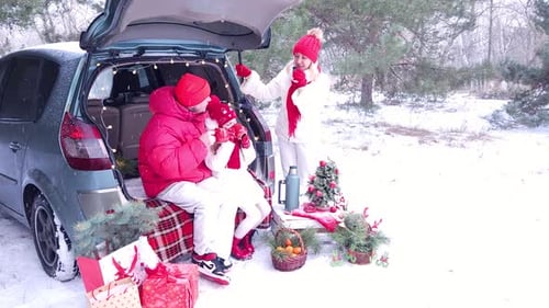 Family - father, mother and daughter cheerfully celebrate Christmas in the forest