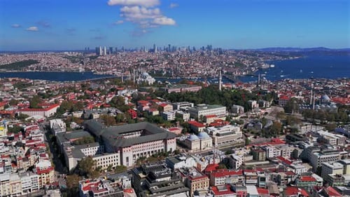 Morning Fatih Istanbul Turkey Türkiye aerial drone cityscape harbor Golden Horn Blue Mosque temples