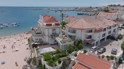 Aerial Panoramic View of Praia Da Rainha and Historic City Centre of Cascais Portugal