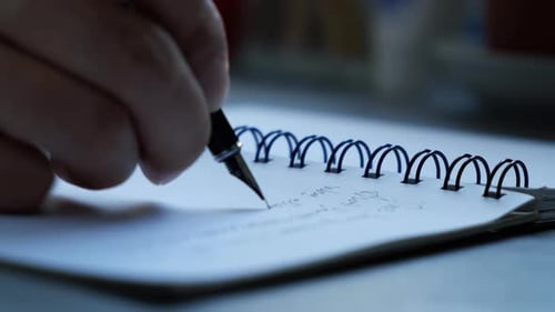 The male is writing on a white textbook with a pen on the desk.