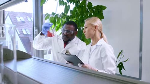 Scientists Inspecting Flask of Red Liquid in Laboratory