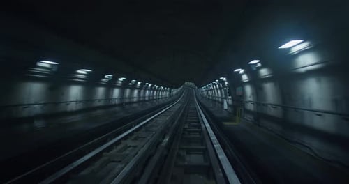 Front Cabin View Of Driverless Metro Train Moving Through Underground Tunnel