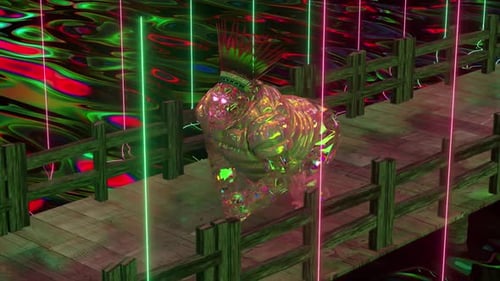 Animated Futuristic Crystal Gorilla Walking on a Bridge with Neon Lights