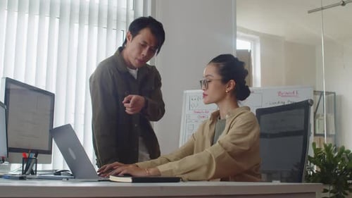 Senior Coder Instructing New Employee Working on Laptop at Modern Office