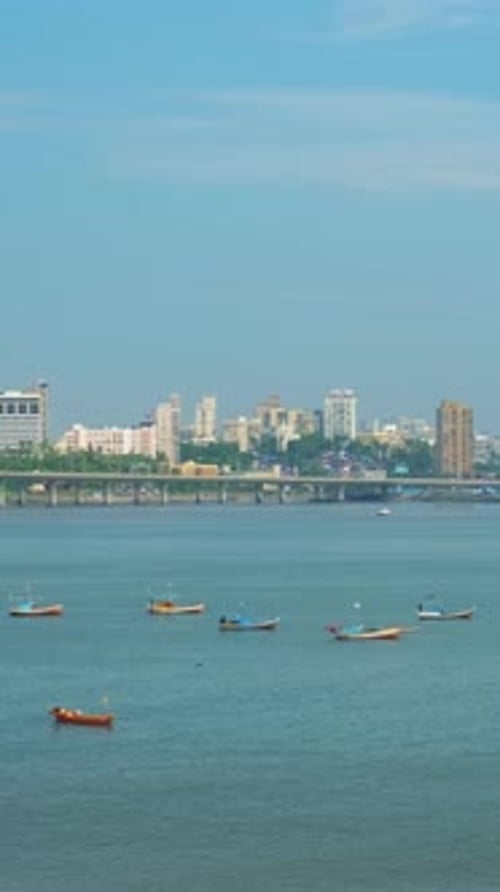 Mumbai Skyline Fishermen Boats and Bandra Worli Sea Link Bridge Mumbai Maharashtra India