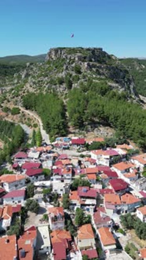 Aerial view of castle on hilltop, Mugla, Turkey.
