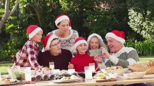 Happy caucasian family having christmas dinner in garden