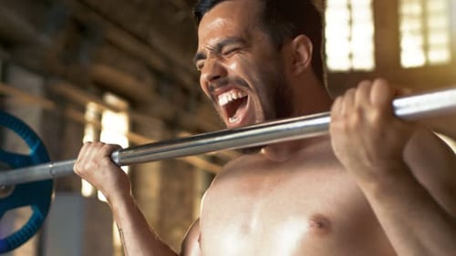 Muscular Shirtless Man Lifting Heavy Barbell with Effort, Doing Biceps Curls/ Bodybuilding Exercise