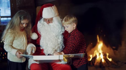 Niño y niña mirando el álbum en las manos de Papá Noel sobre el fondo de la chimenea.