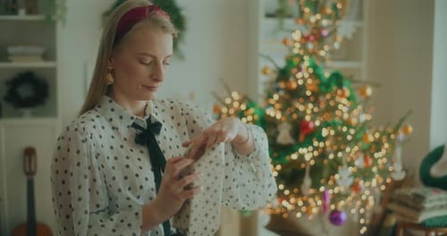 Joyful Woman Decorating Wrapping Christmas Gifts For Xmas Holidays