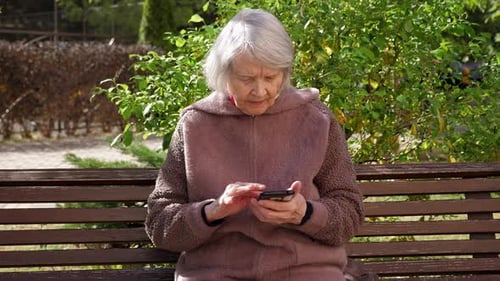 An Elderly Grandmother is Sitting on a Bench with a Phone in an Autumn Park