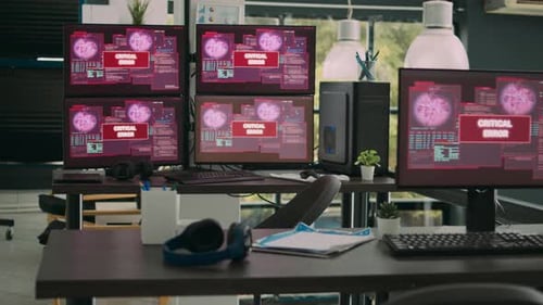 Empty Office with Computer Monitors Displaying System Error and Hacking Attack