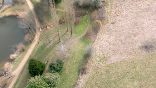 Aerial drone shot of grass with a path in a park