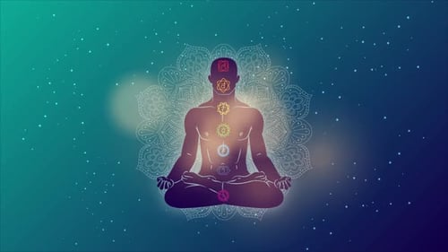 Mann meditiert und praktiziert Yoga - Chakra-Farben Vertikal