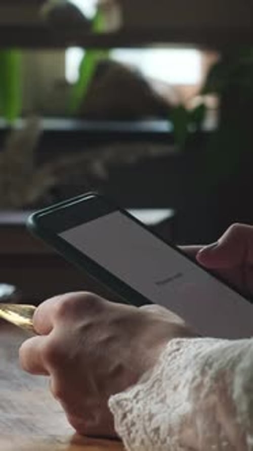 Vertical Video Person Paying Online Using Bank Card and Smartphone Indoors