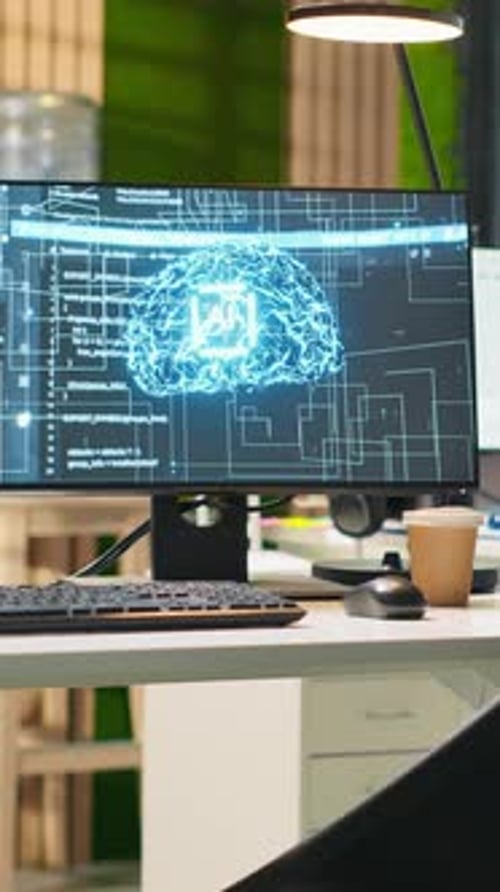 Vertical Video Empty Startup Office with AI Neural Networks Program Running on PC Monitors