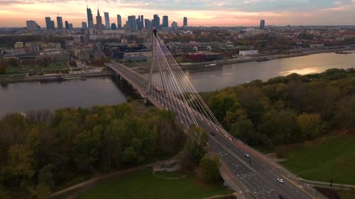 Beautiful panoramic aerial drone sunset view to Warsaw city center with skyscrapers and Swietokrzysk