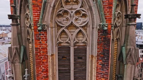 Closeup Drone Shot of Riga Old St Gertrude Lutheran Church Tower Gothic Details