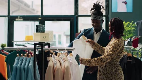Woman Shopping for Clothes in Boutique with Man