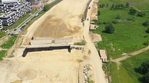 Road construction machinery on the construction of highway.Aerial View